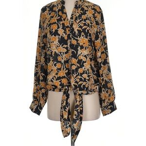 Elegant Floral Tie-Front Blouse - Black and Gold